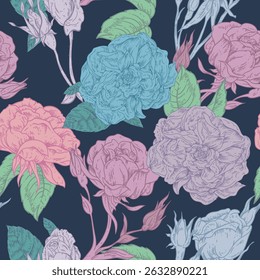 Hand Drawn Rose Floral Line Art Illustration, Vintage Roses Greeting Card
