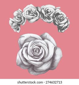 Hand drawn rose   floral wreath   Vector