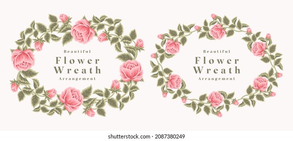 Hand Drawn Rose Florals And Leaf Branch Wreath Vector Illustration Set For Decoration, Wedding Invitation, Greeting Card, Beauty And Feminine Products