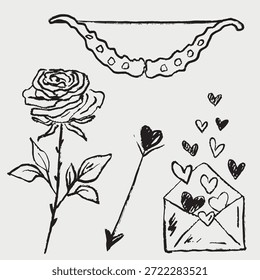 Handgezeichnete Rosenblume, Schleife mit Herzpfeil. Offener Umschlag mit fliegenden Herzen. Liebeskonzept, Valentinstag Dekorationen. Vektorskizze Illustration in Vintage-Buntstil Holzkohle.