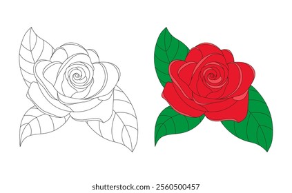 Hand drawn Rose flower, coloring page for children. For the design of coloring and learning books.