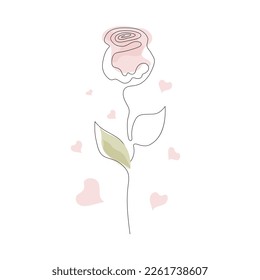 Hand drawn rose flower continuous one line art. Minimalist contour drawing monoline pastel rose. Isolated on white background.