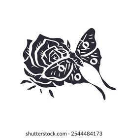 Hand drawn rose flower and luna moth black silhouette isolated on white background. Minimalist bloom and butterfly monochrome design.