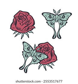 Hand drawn rose flower and luna moth outline set isolated on white background. Minimalist bloom and butterfly design.