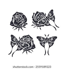 Hand drawn rose flower and luna moth black silhouettes set isolated on white background. Minimalist bloom and butterfly monochrome design.