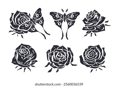 Hand drawn rose flower and luna moth black silhouettes set isolated on white background. Minimalist bloom and butterfly monochrome design.