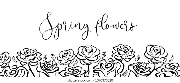 Hand drawn rose. Flowers rose, black and white vector outline Rose