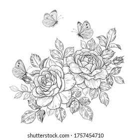 Hand drawn rose flowers bunch, flying and sitting butterflies isolated on white. Vector monochrome elegant floral composition in vintage style, t-shirt, tattoo design, wedding decoration.