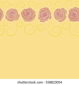 Hand drawn rose flowers. Horizontal vector floral sketch. Flower pattern with roses. Vintage flower seamless pattern with copy space (place for your text). Pink and yellow roses pattern.
