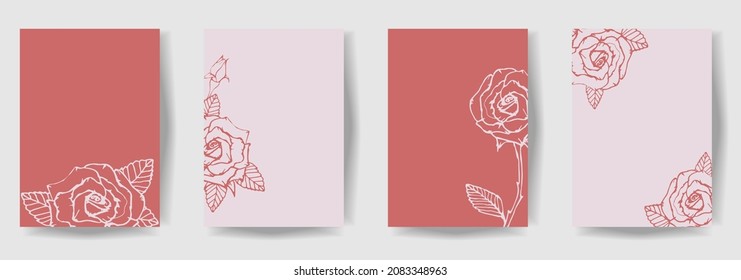 Hand drawn rose and leaves set. Wedding floral background card. Engraved ink art. Copy space for you text.