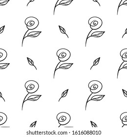 Hand drawn rose and leaves vector seamless pattern