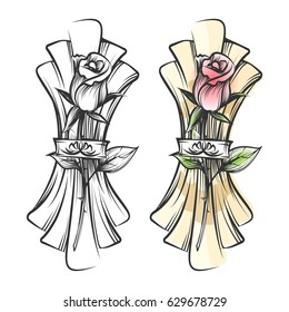 Hand drawn rose and napkin. Vector black and white sketch and colorful table setting