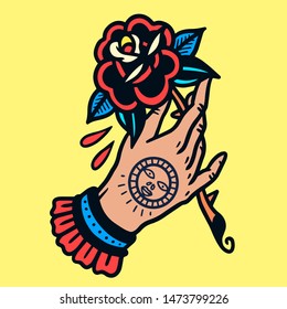 Hand drawn hand and rose old school tattoo illustration