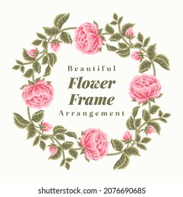 Hand drawn rose, peony flowers and leaf branch wreath vector illustration design arrangement for decoration, wedding invitation, greeting card, beauty and feminine products