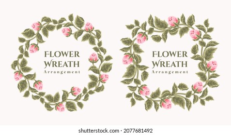 Hand Drawn Rose, Peony Flowers And Leaf Branch Wreath Vector Illustration Design Arrangement For Decoration, Wedding Invitation, Greeting Card, Beauty And Feminine Products