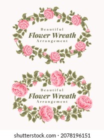 Hand drawn rose, peony flowers and leaf branch wreath vector illustration design arrangement for decoration, wedding invitation, greeting card, beauty and feminine products
