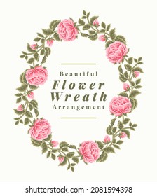 Hand drawn rose, peony flowers and leaf branch wreath vector illustration design arrangement for decoration, wedding invitation, greeting card, beauty and feminine products