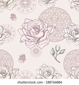 hand drawn rose and rosette seamless pattern vintage engraving style