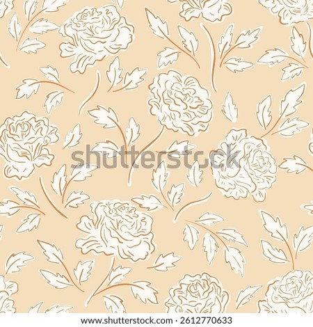 Hand drawn rose silhouettes giving a minimalist retro vibe in colors of peach and off white on cream background. Seamless vector pattern. Great for home decor, fabric, wallpaper, gift wrap, stationery