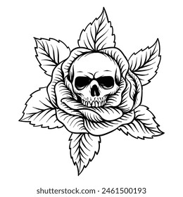 hand drawn rose with skull line art black and white