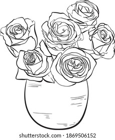 Ilustración del vector rosa dibujado a mano en blanco y negro, aislado en fondo blanco.