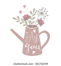 Hand drawn rose watering can with lettering thank you, bouquet of flowers and little hearts