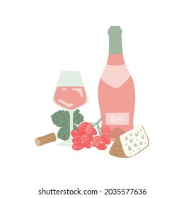 Hand drawn Rose Wine bottle, glass of wine, grape and cheese. Vector Wine design.