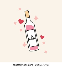 Hand Drawn Rose Wine Illustration Icon. Modern Outline Design Showing Bottle of Pink Wine with Sparkles and Hearts Around. Isolated Vector