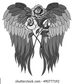 hand drawn rose and wings tattoo design