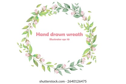 Hand drawn rose wreath. Hand drawn pink rose wreath thank you card design.