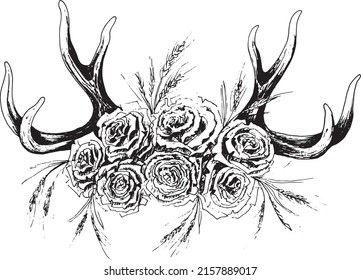 Hand Drawn Roses Bouquet In Deer Antlers, Native American And Boho Style Inspired Flowers Illustration