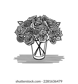 Hand drawn Roses bouquet. Line art for adult coloring book style. Vector illustration for coloring page.