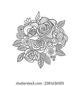 Hand drawn Roses bouquet. Line art for adult coloring book style. Vector illustration for coloring page.