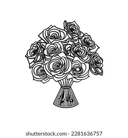 Hand drawn Roses bouquet. Line art for adult coloring book style. Vector illustration for coloring page.