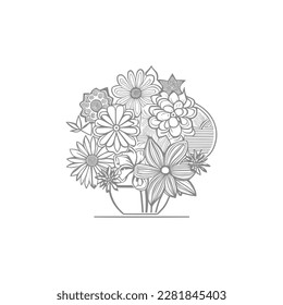 Hand drawn Roses bouquet. Line art for adult coloring book. Vector for coloring page.
