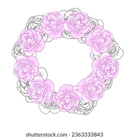 Rosas dibujadas a mano Círculo era una corona para empaque, publicación en medios sociales, portada, pancarta, post creativo y artes murales. Dibujos aislados de brotes de rosa en color negro y rosa. Ilustración de vectores aislada