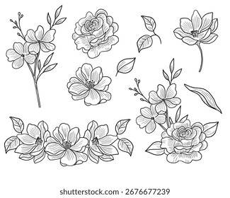Rosas dibujadas a mano y delicadas flores