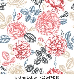 Hand drawn Roses. Floral seamless pattern. Vector flowers, leaves, branches and bugs on white background. Engraving style. Botanical art. Perfect for textile, wrapping paper or gift box design.