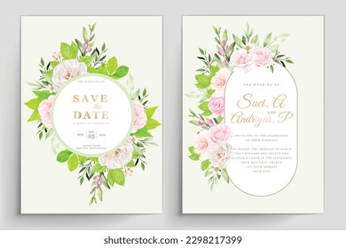 hand drawn roses and green leaves wedding invitation card set