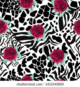 hand drawn roses on black spots, seamless pattern