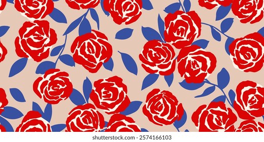 Hand drawn roses seamless pattern. Vintage flowers vector. Romantic floral background for fabric, textiles, clothing, wallpaper, wall art, wrapping paper, packaging, cover, poster, banner, home decor.