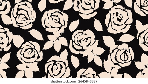 Hand drawn roses seamless pattern. Vintage flowers vector in black and white. Romantic floral background for fabric, textiles, wallpaper, wall art, packaging, cards, posters, banners and home decor.