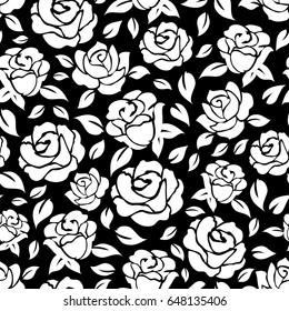Hand drawn roses seamless pattern on black backdrop. Vector illustration