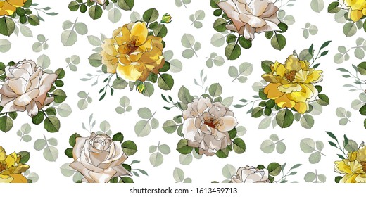 Hand drawn roses vector seamless pattern on white. Floral background  with yellow, cream flowers, green leaves. Stock illustration for design textile, wallpapers, wrapping paper.Watercolor style. 