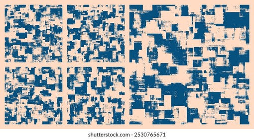 Hand Drawn Rough Blue Smears Seamless Patterns Vector Set Abstract Background. Contemporary Artwork Painting Endless Grungy Abstraction Clip Art Collection for Textile Print. Loopable Art Illustration