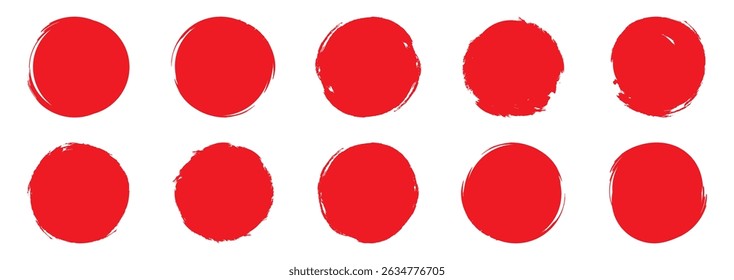Hand drawn rough circle shape. Set of red grunge brush stroke circles, iconic Japanese flag symbol, isolated on transparent background 