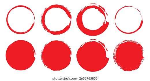Hand drawn rough circle shape. Set of red grunge brush stroke circles, iconic Japanese flag symbol, isolated on transparent background