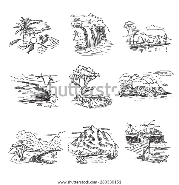手描きの粗い手描きの落書き風スケッチ自然の風景イラストと太陽丘の海の森の滝 のベクター画像素材 ロイヤリティフリー
