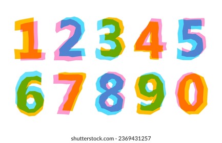 Hand drawn rough numbers set 1234567890. Colorful gradient overlapping transparent shapes