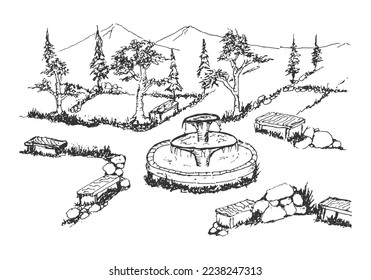 Hand drawn rough pen sketch of city park. Illustration of outdoor public park with trees, benches, water fountain and mountains view background vector illustration.